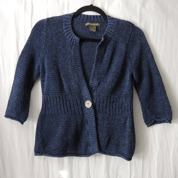 4/$25 Eddie Bauer Cropped Cardigan Sweater Dark Blue One Button 3/4 Sleeves - Picture 1 of 6